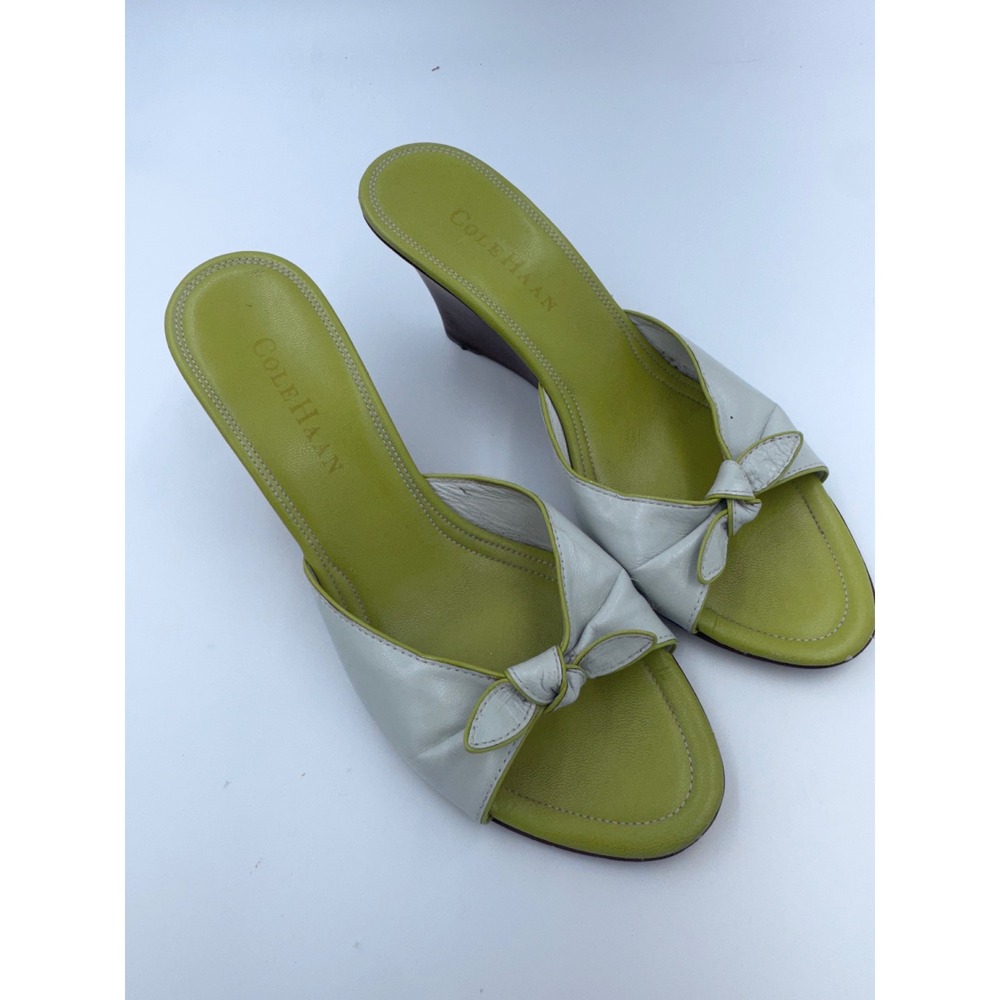 Cole Haan Y2K Leather Bow Wedge Sandals 7B Lime Green White Made Brazil